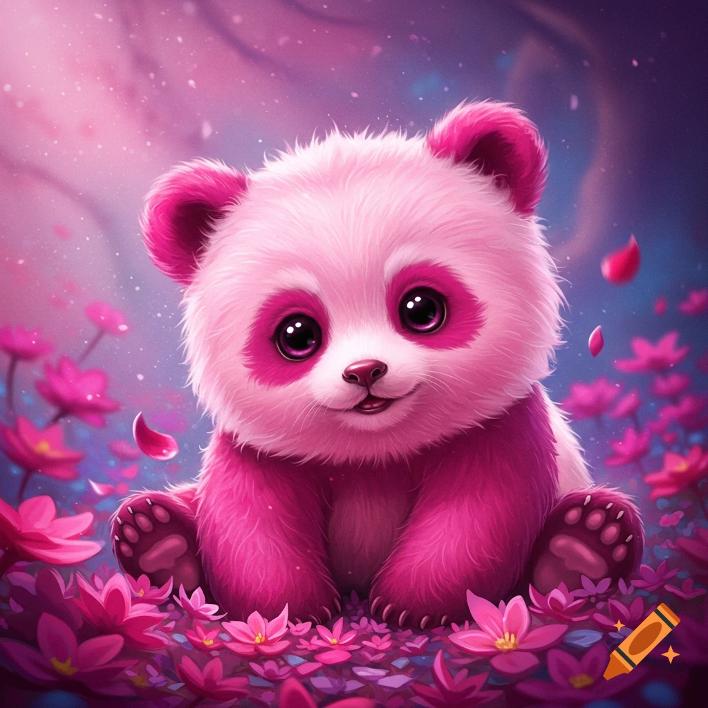 A fluffy pink baby panda sits among pink flowers in a stylized illustration.