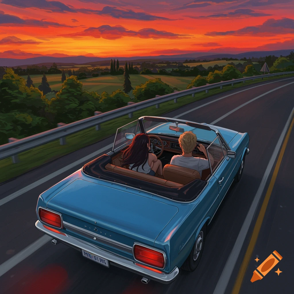 Couple drives a blue convertible down a highway at sunset in illustration style.