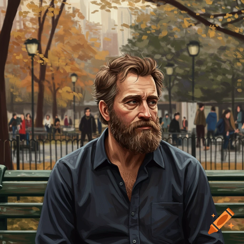Illustration of a bearded man sitting alone on a park bench in autumn