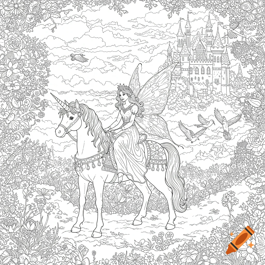Coloring page of a fairy princess riding a unicorn to a castle in the clouds