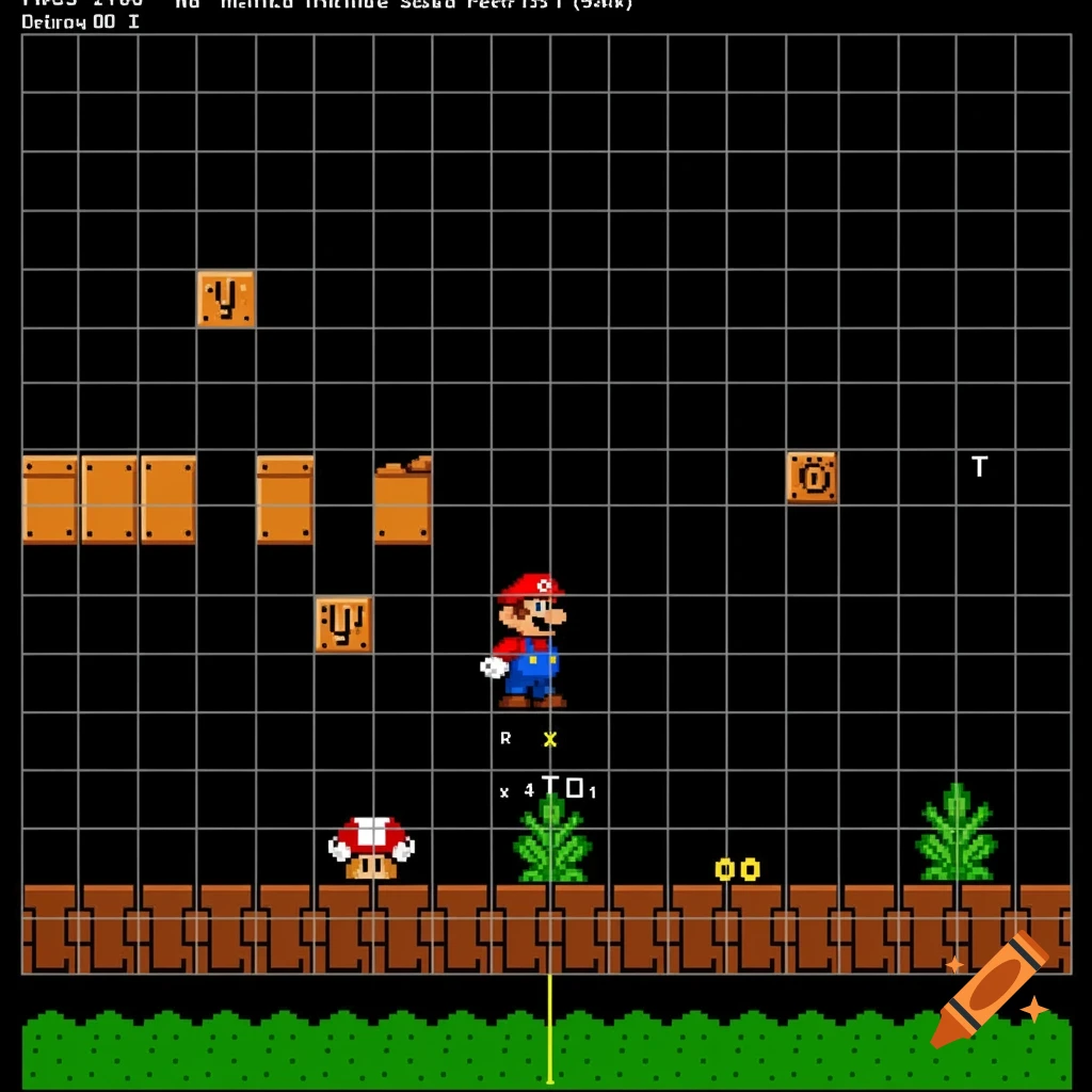 Pixel art of Mario on a grid with blocks, plants, a mushroom, and overlaid text.