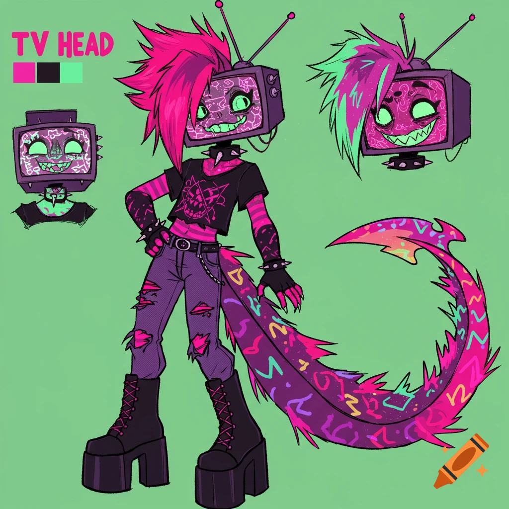 Reference sheet for a stylized TV-headed character with pink and green emo hair, punk clothes, and a patterned monster tail on a green background.