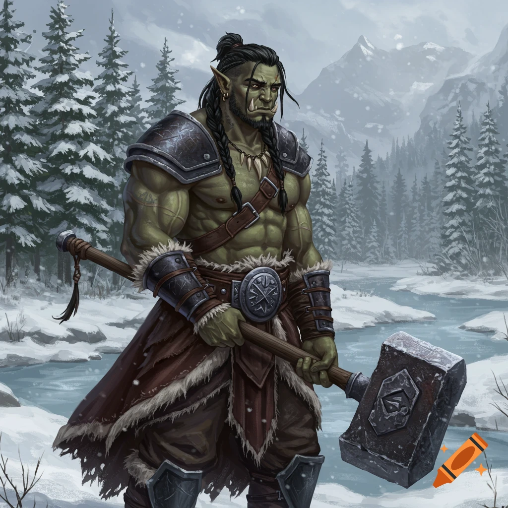 An orc warrior holding a large maul stands in a snowy winter forest.