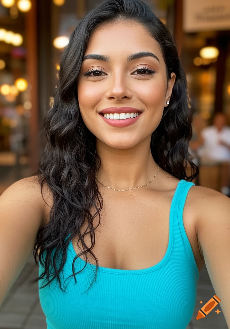 Selfie of a smiling woman in a blue tank top.