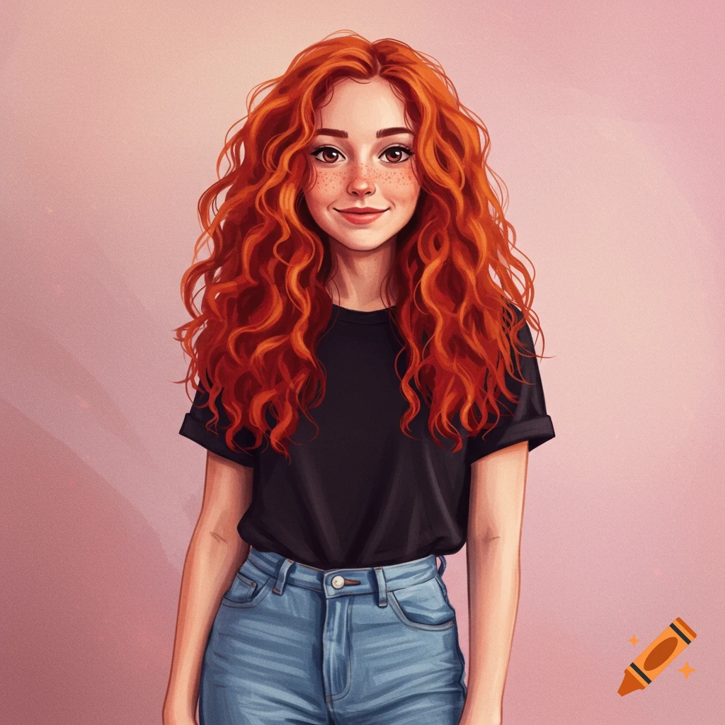 Digital illustration of a young woman with long red hair and freckles, wearing a black t-shirt and jeans, standing against a pink background.