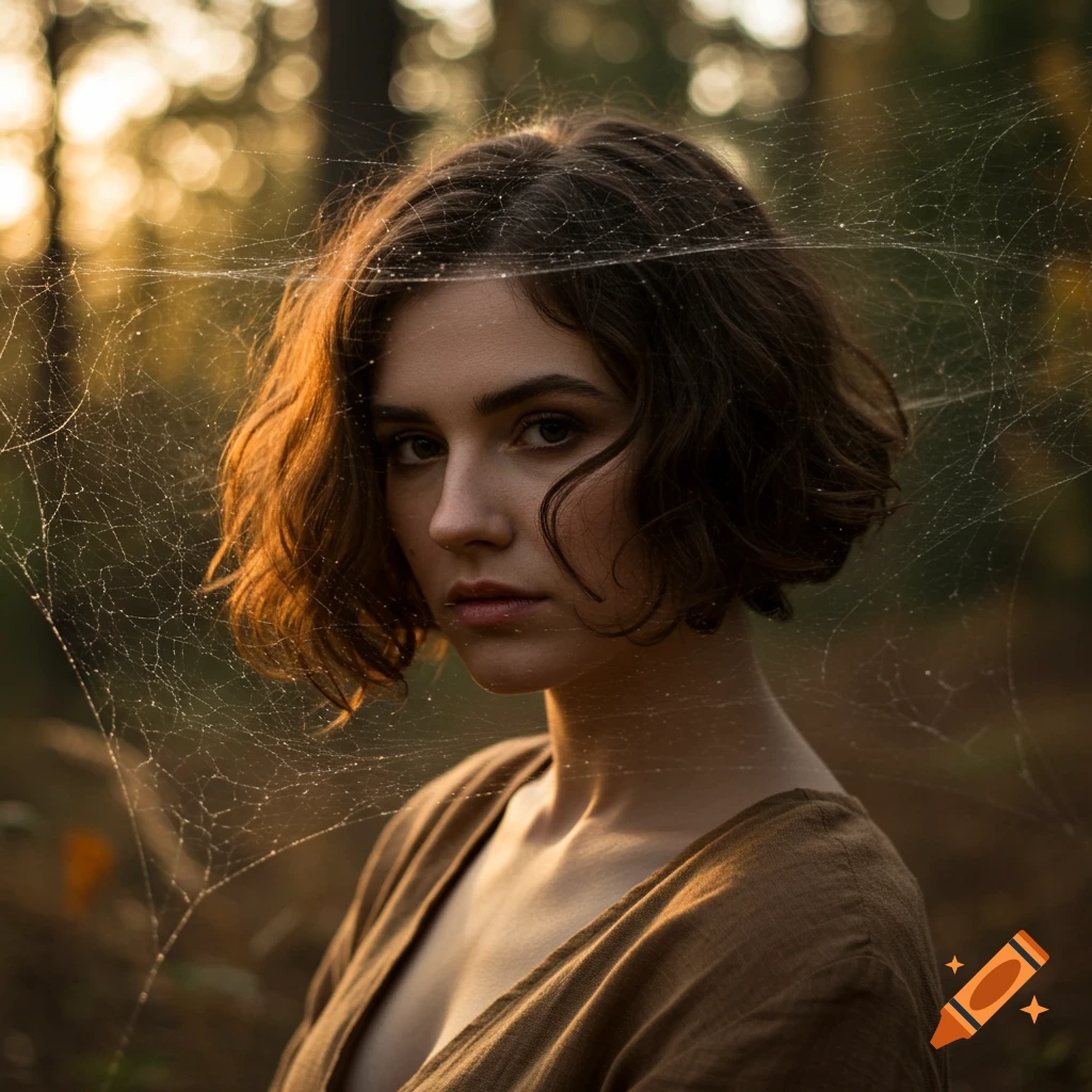Close-up portrait of a woman with a spider web on her face in a forest at sunset