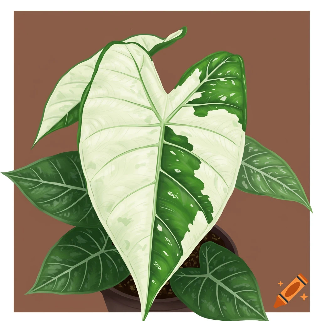 A digital illustration of a variegated Alocasia Frydek plant.