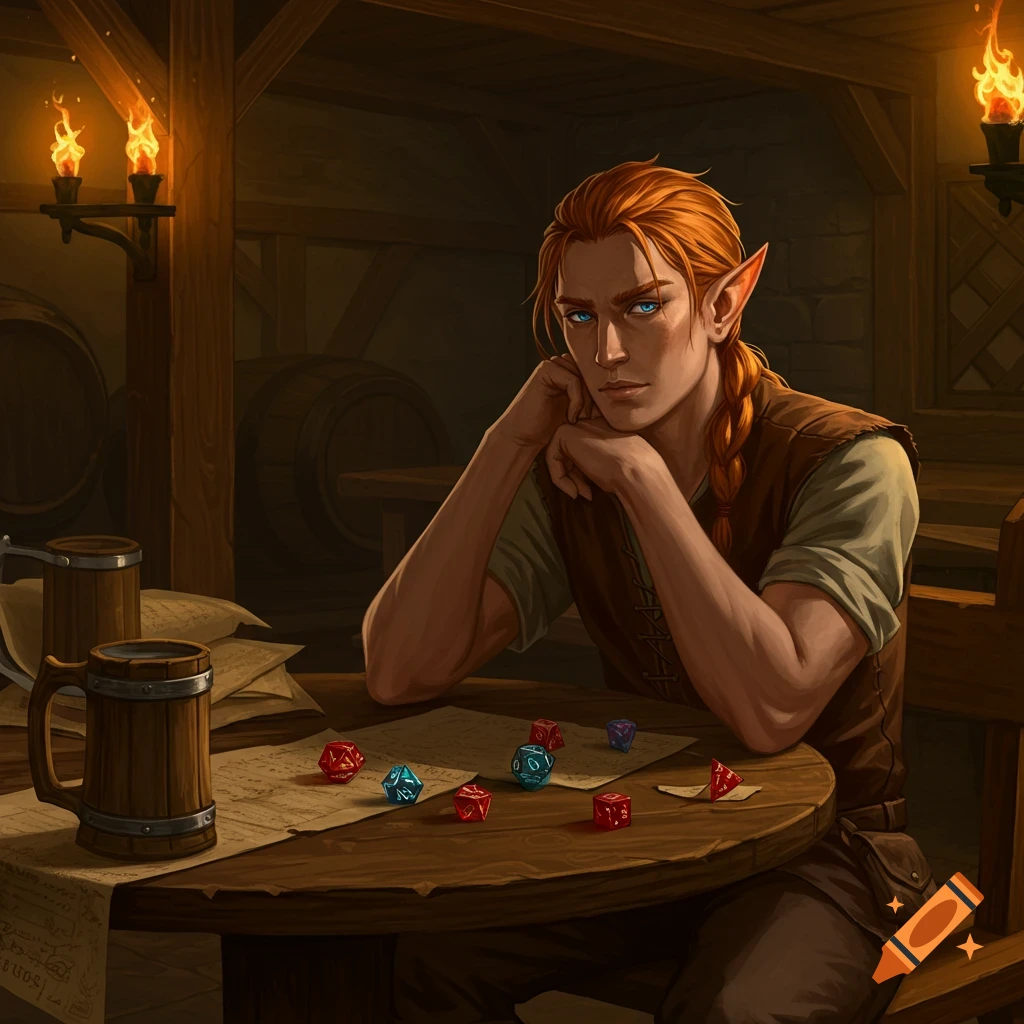 A red-haired half-elf sits at a tavern table with dice and papers in a fantasy illustration.