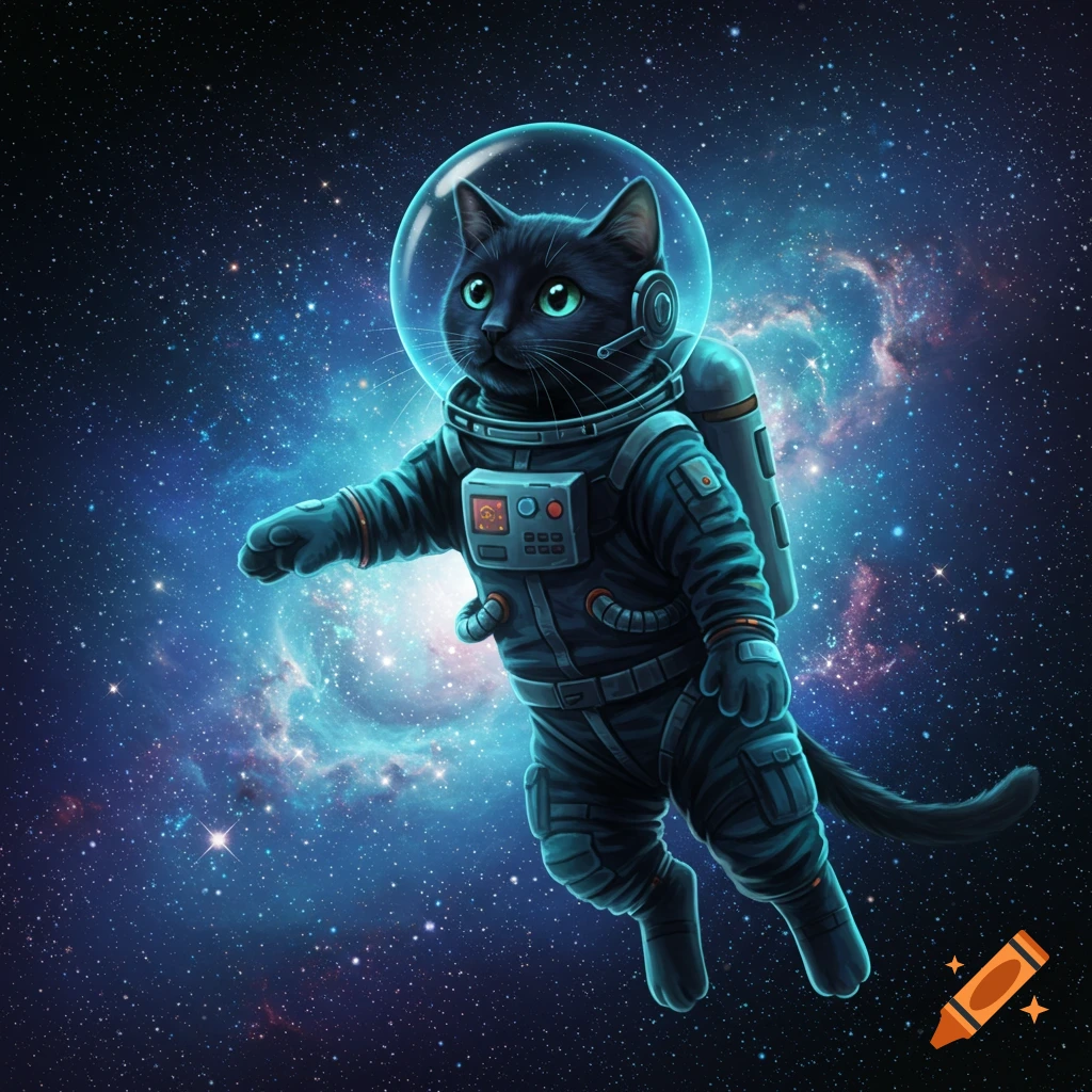 A black cat in a space suit floats in front of a nebula in space.