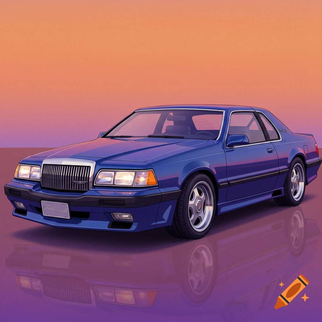 A blue wide body 1988 Ford Thunderbird against an orange and purple gradient sky.
