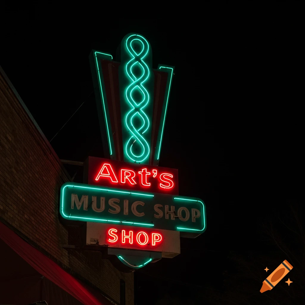 A neon sign for Art's Music Shop glowing green and red at night.