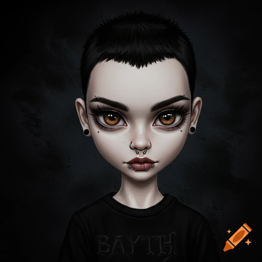 Stylized portrait of a person with a buzzcut, multiple facial piercings, and a black band tee.