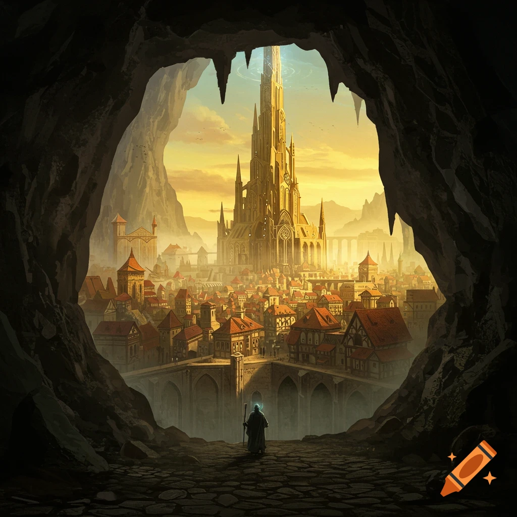 A figure looks from inside a cave at a fantasy city dominated by a large tower.