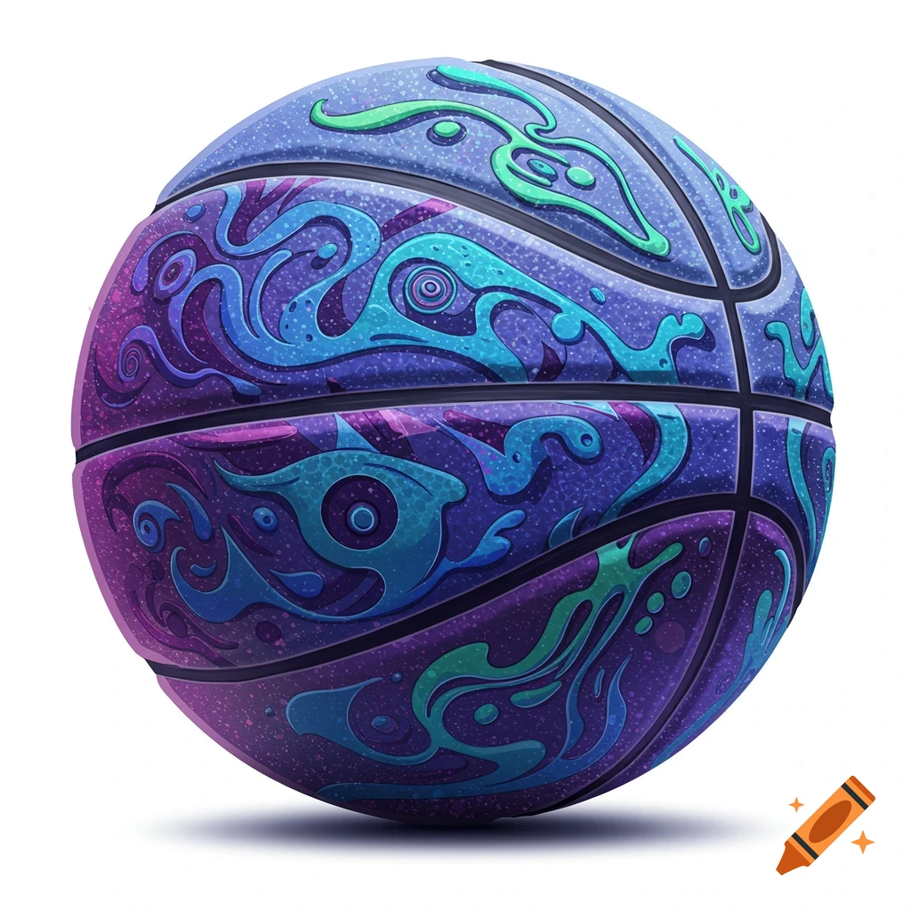 A basketball with a colorful swirly abstract pattern in blue, purple, and green.