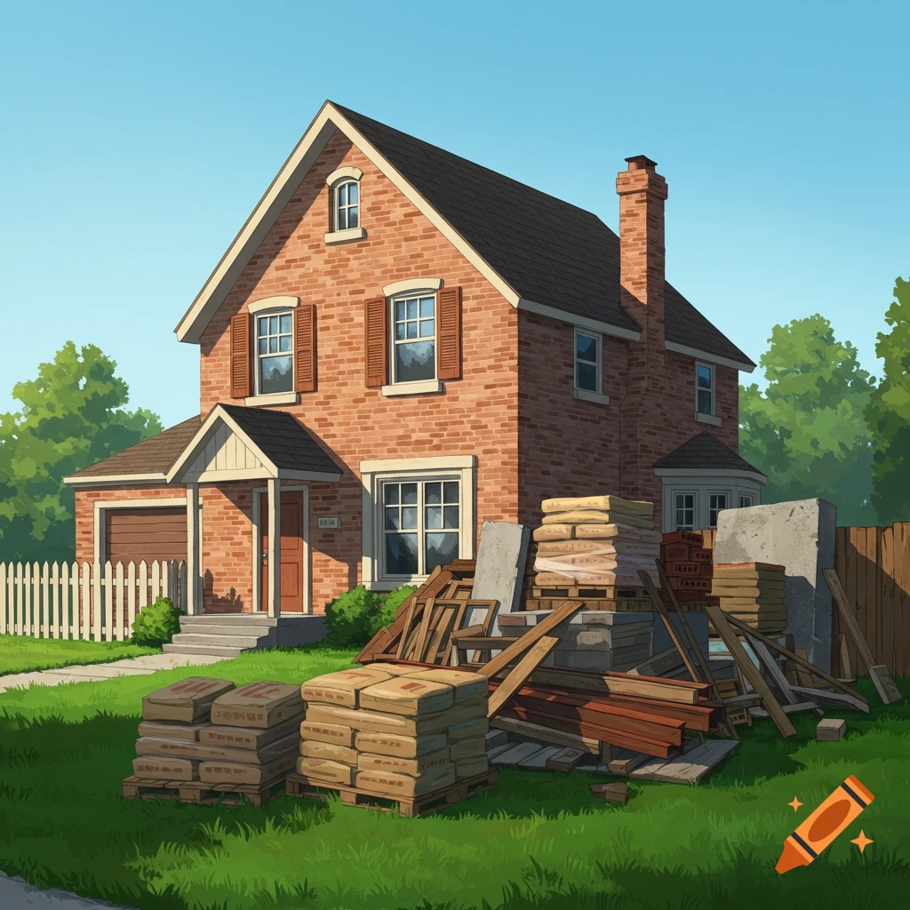 house alongside pile of construction materials