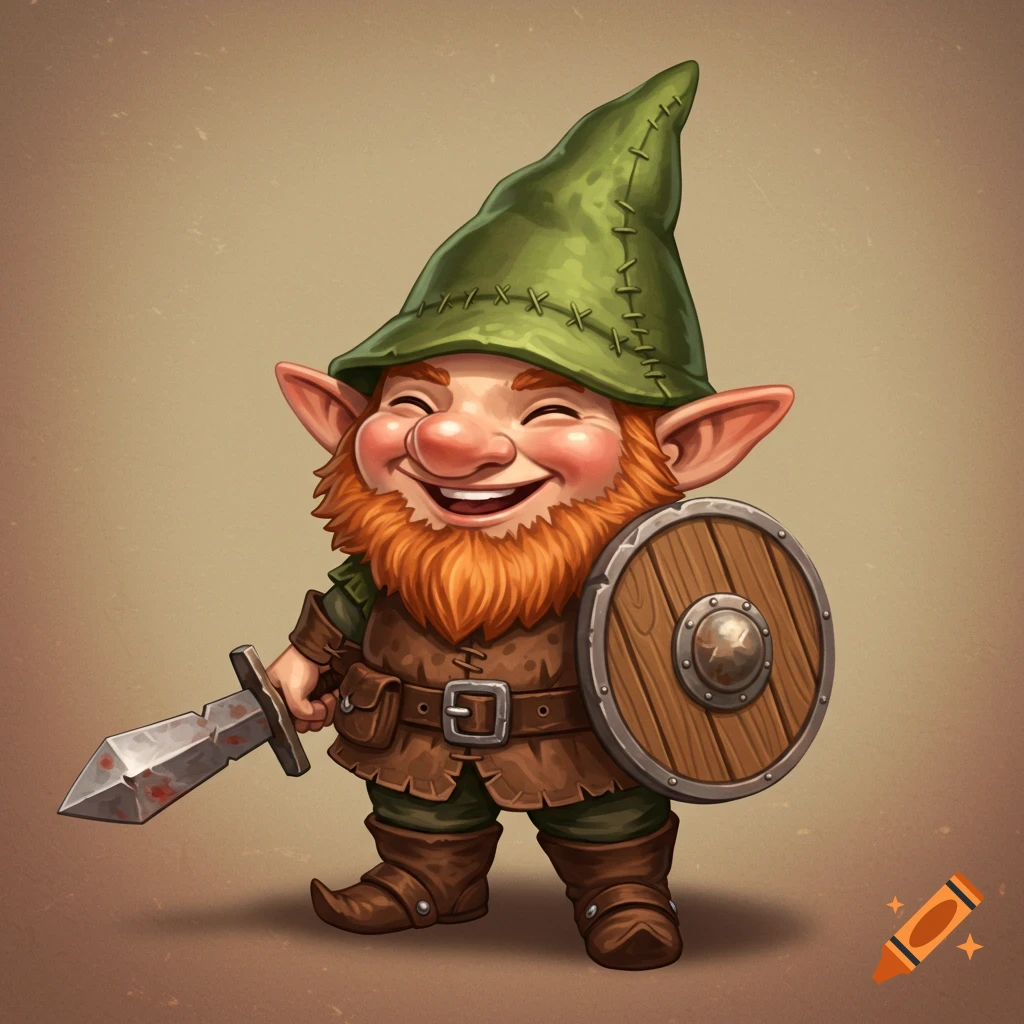 Happy cartoon gnome with red beard, green hat, sword, and shield