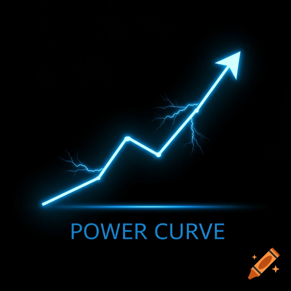 Blue lightning bolt graph line pointing up with text POWER CURVE.