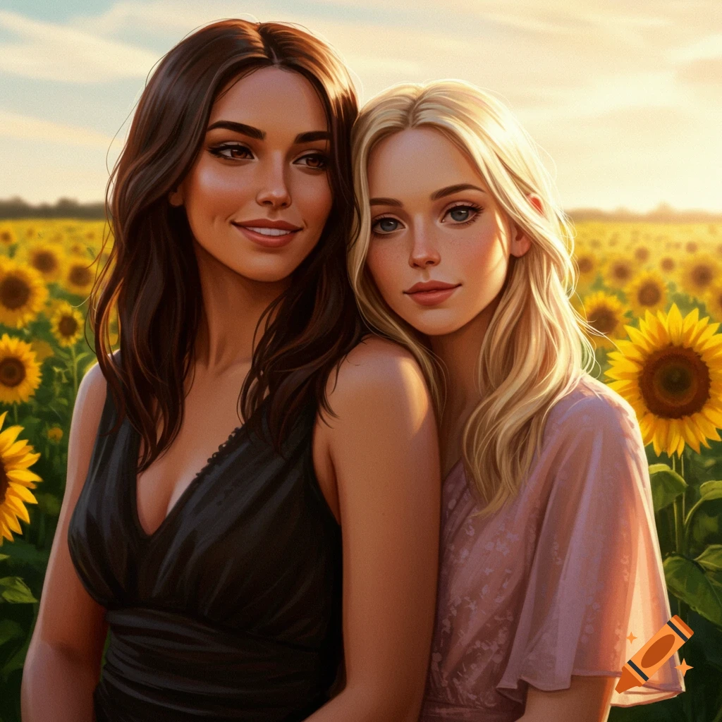 Two women standing together in a field of sunflowers at sunset.