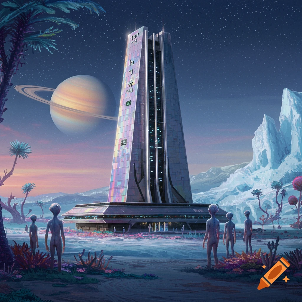 Futuristic building and aliens on an alien world with Saturn in the sky.