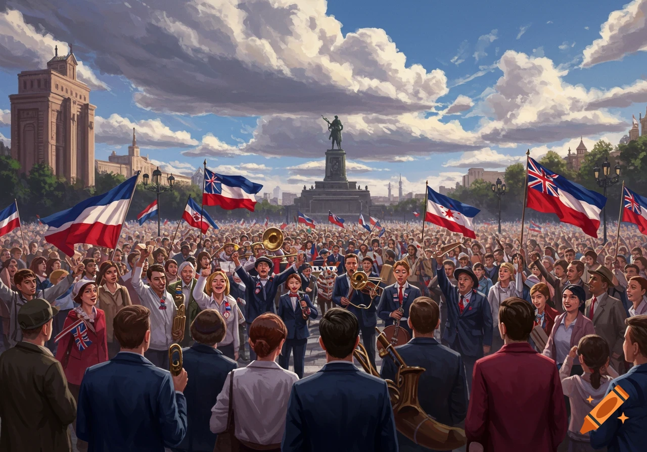 A large crowd of people wave flags and a band plays in a city square during a patriotic event.