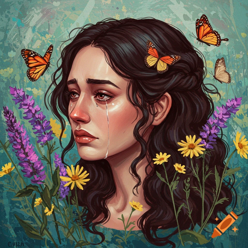 Illustration of a woman crying amidst wildflowers and butterflies.