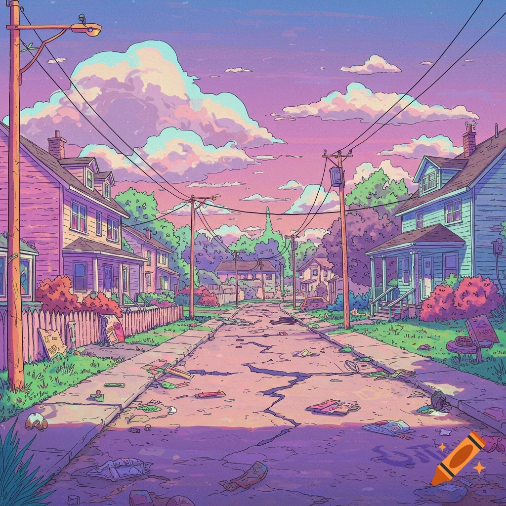 Stylized illustration of a run-down suburban street scene with debris and cracked pavement under a vibrant pink and purple sky.