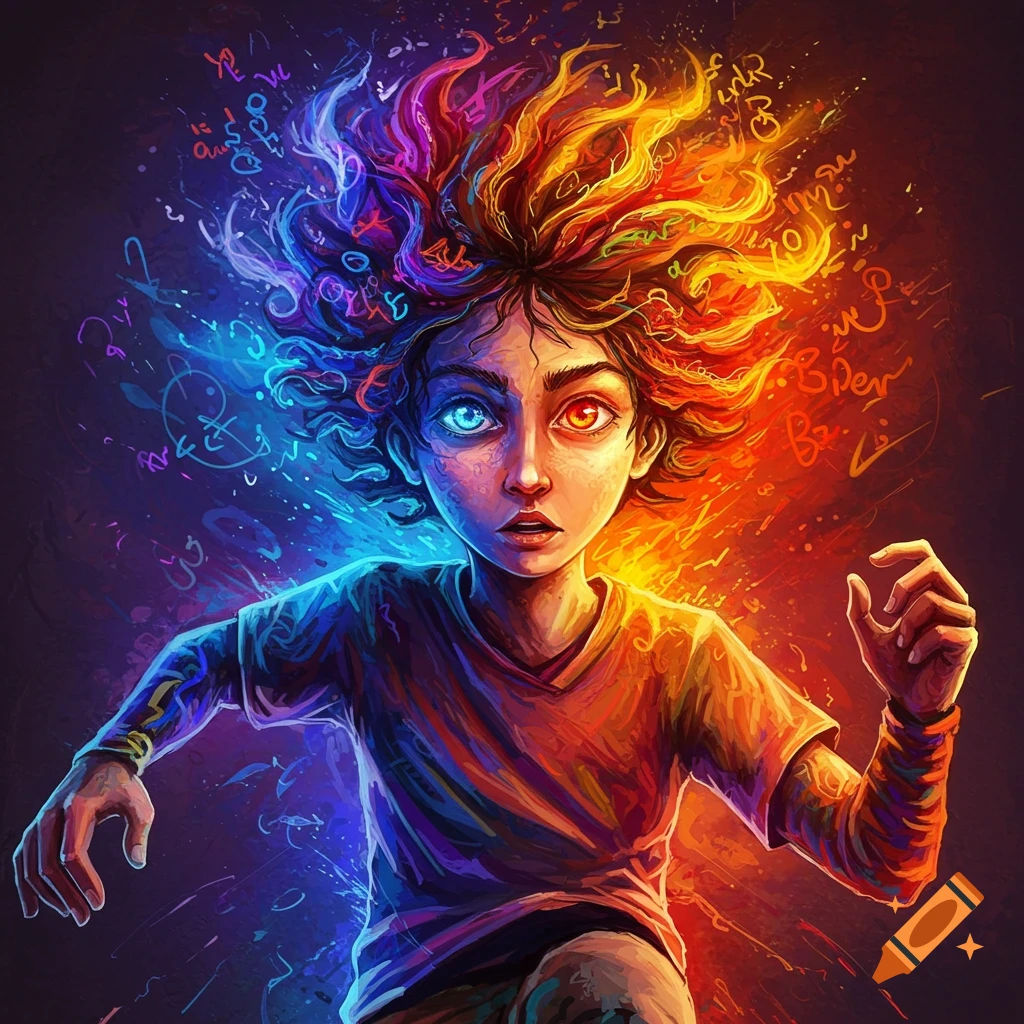 Stylized portrait of a person with chaotic, colorful energy emanating from their head, split in blue and orange.