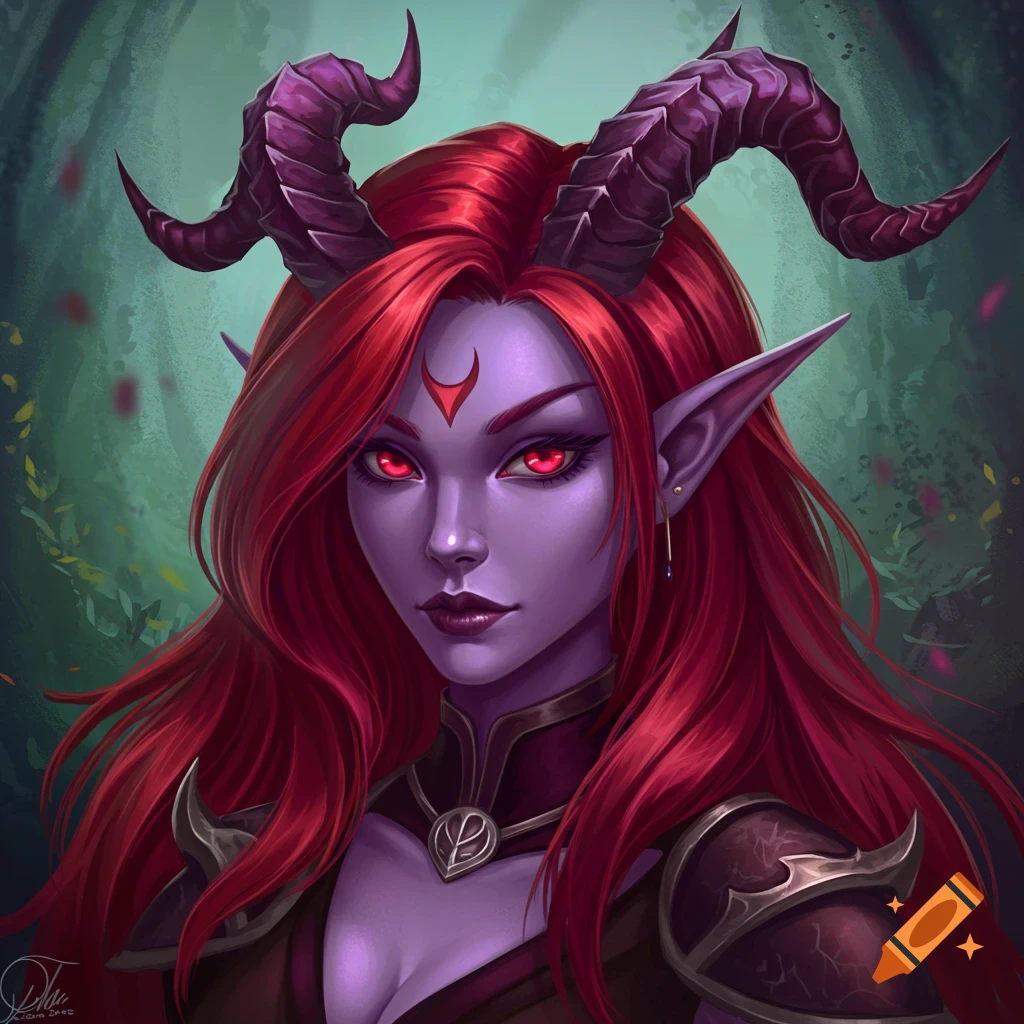 A portrait of a purple-skinned fantasy creature with red eyes, long red hair, and large purple horns.