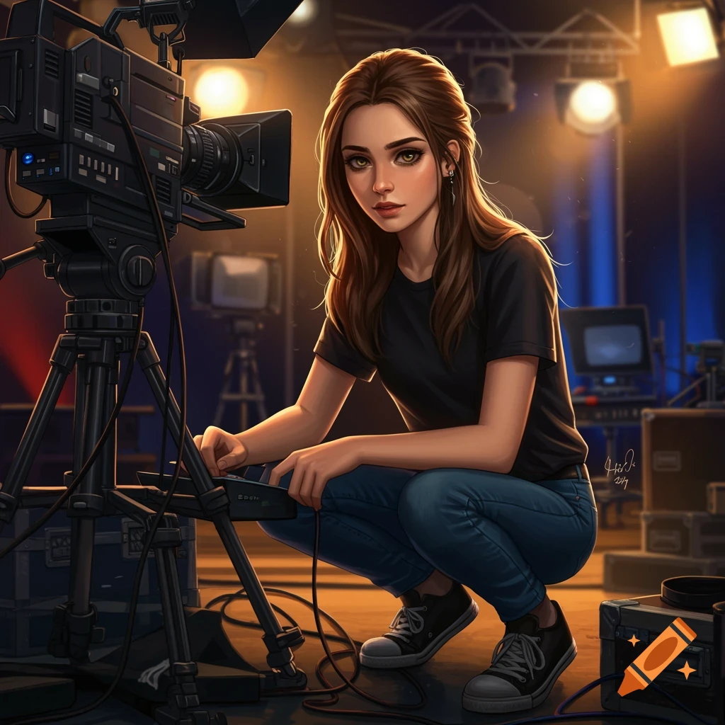 girl working behind the scenes of a late night TV show