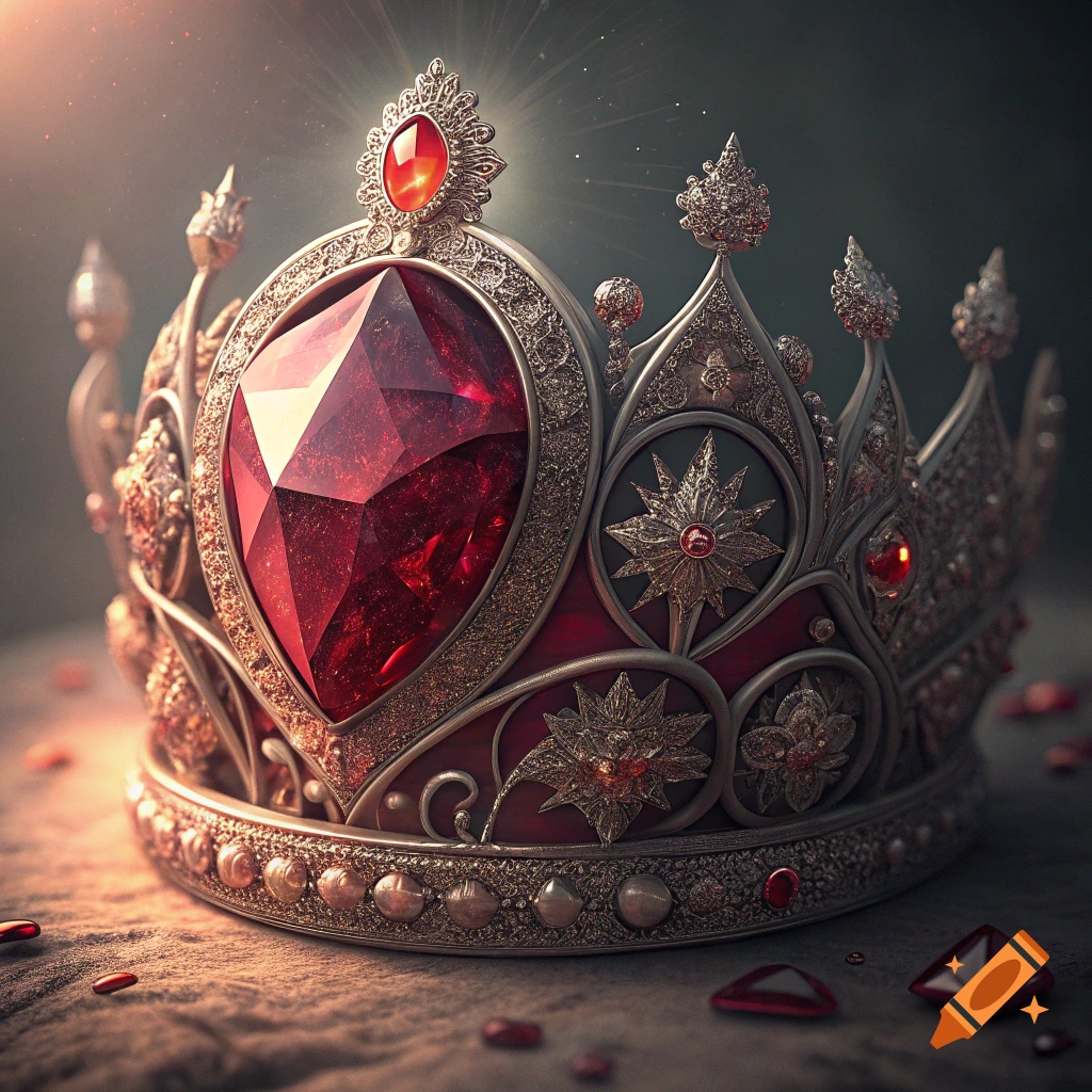Ornate gold and silver queen's crown with large red ruby and jewels.