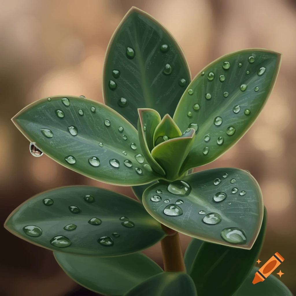 Illustration of a green plant with water drops on its leaves.