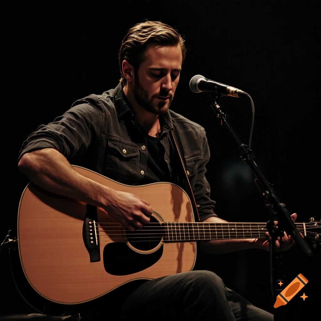 A man sits on a dark stage playing an acoustic guitar into a microphone.