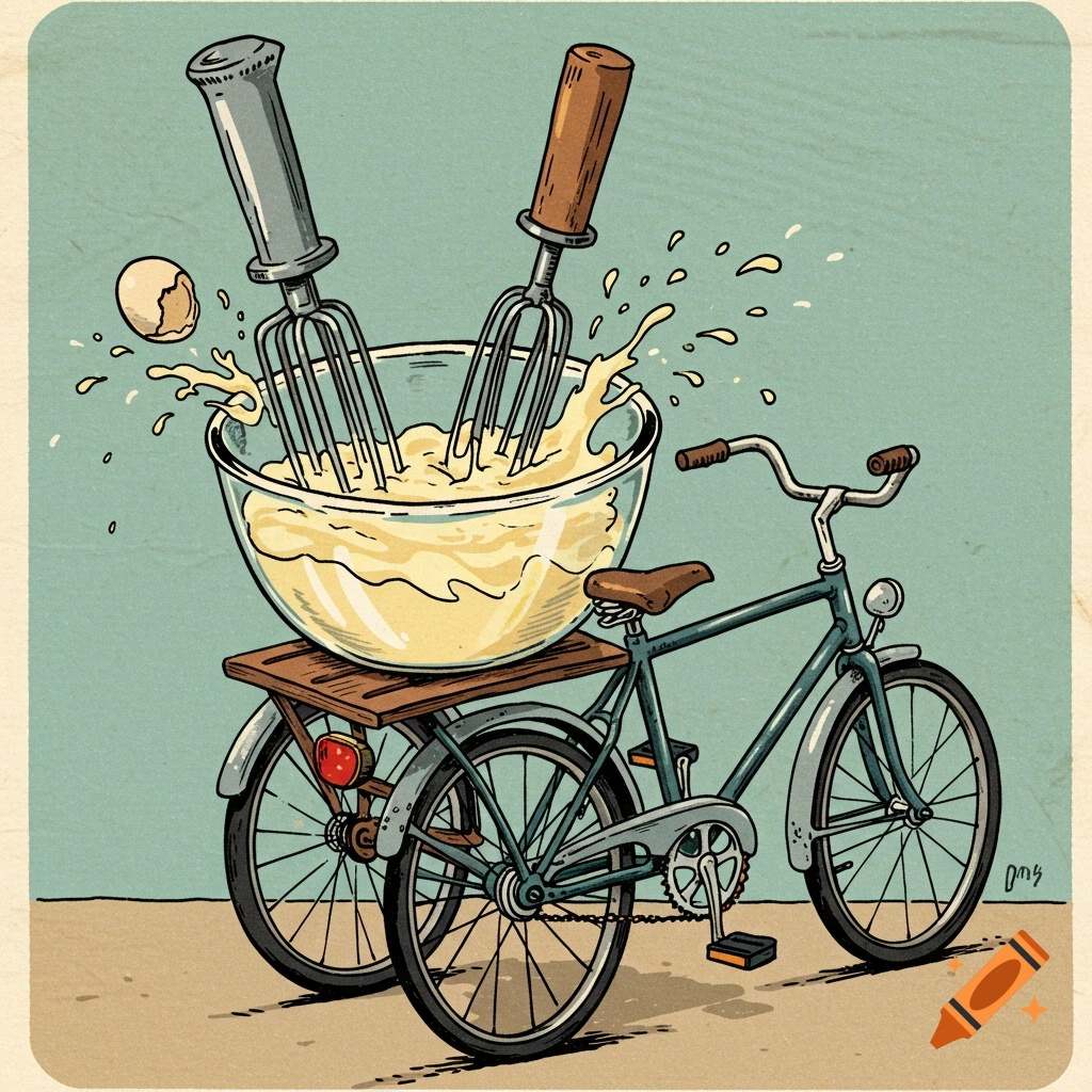 A whimsical vintage illustration of a bicycle carrying a bowl of batter being mixed by eggbeaters.