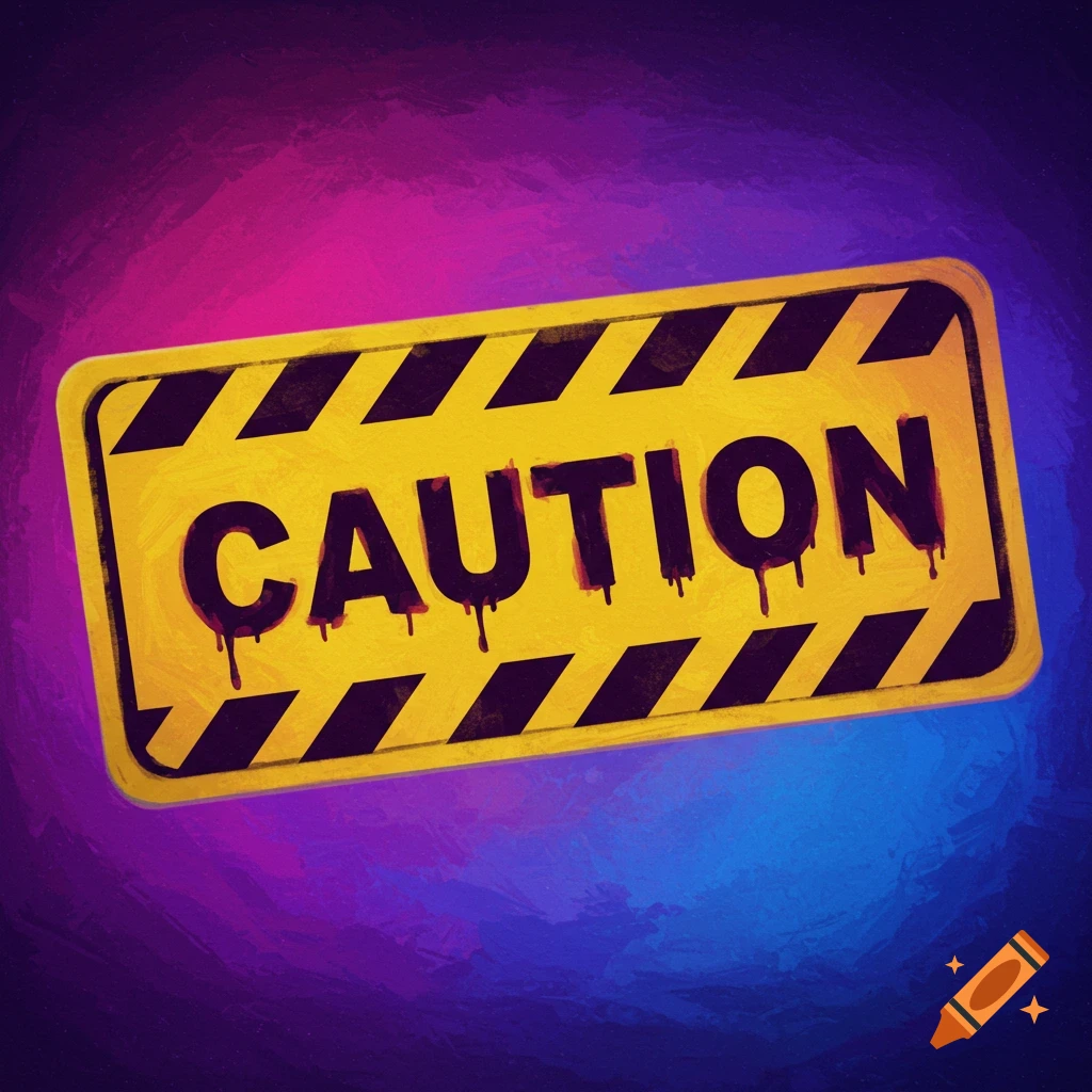 A yellow caution sign with black text that says 'CAUTION', dripping red, against a purple and blue background.