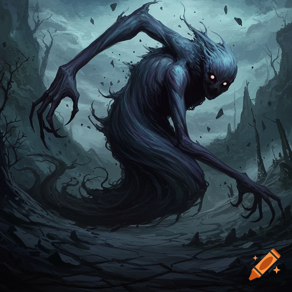 A dark, shadowy monster with glowing eyes stands in a desolate, rocky landscape in a fantasy style.