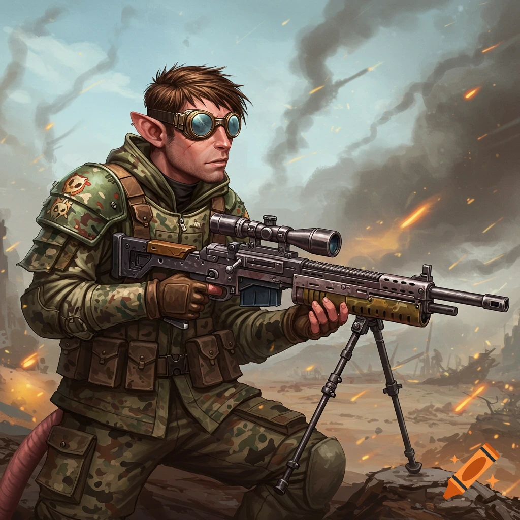 A ratling soldier in camouflage armor and goggles kneels with a sniper rifle in a warzone.