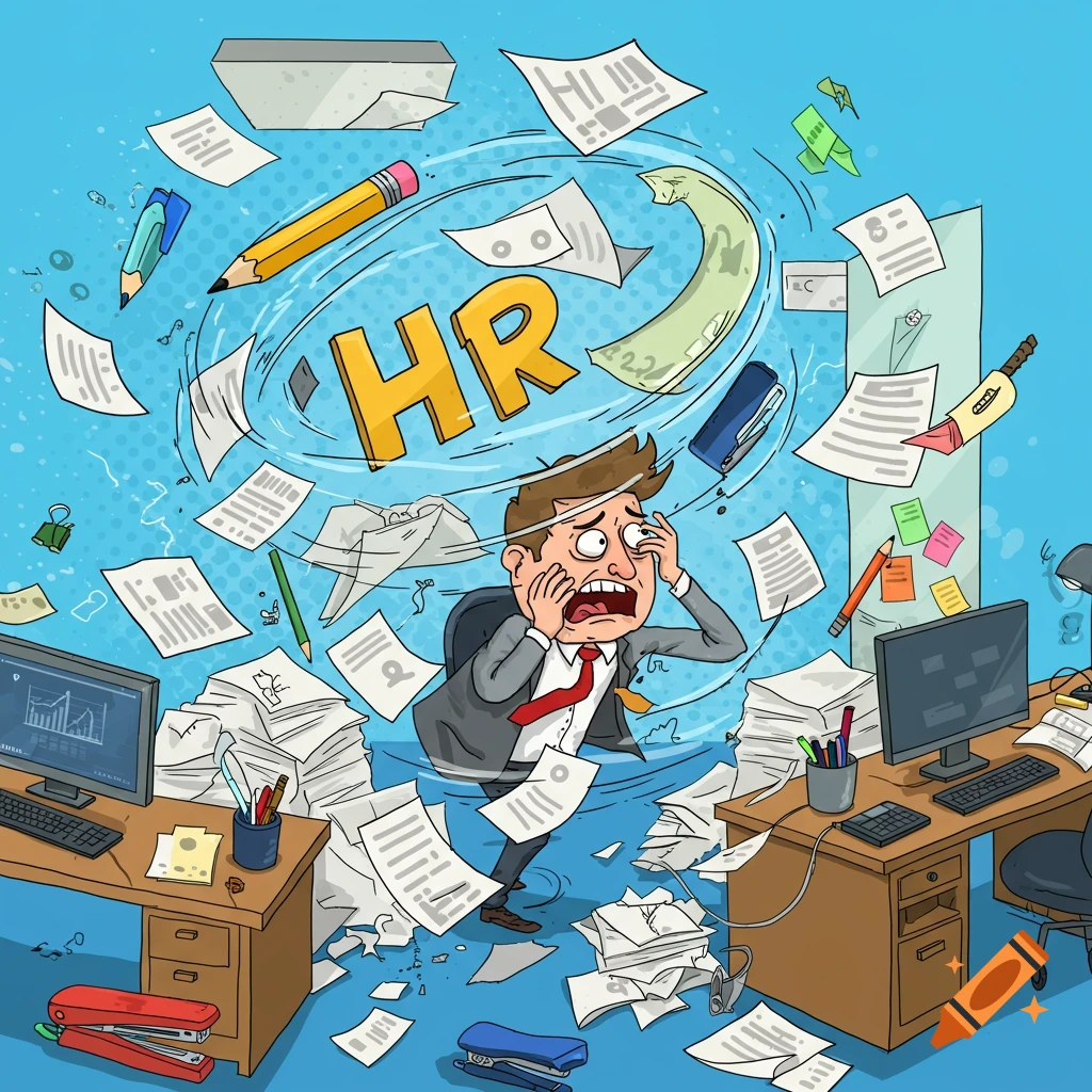 Cartoon of a stressed HR person surrounded by flying paperwork in a chaotic office.