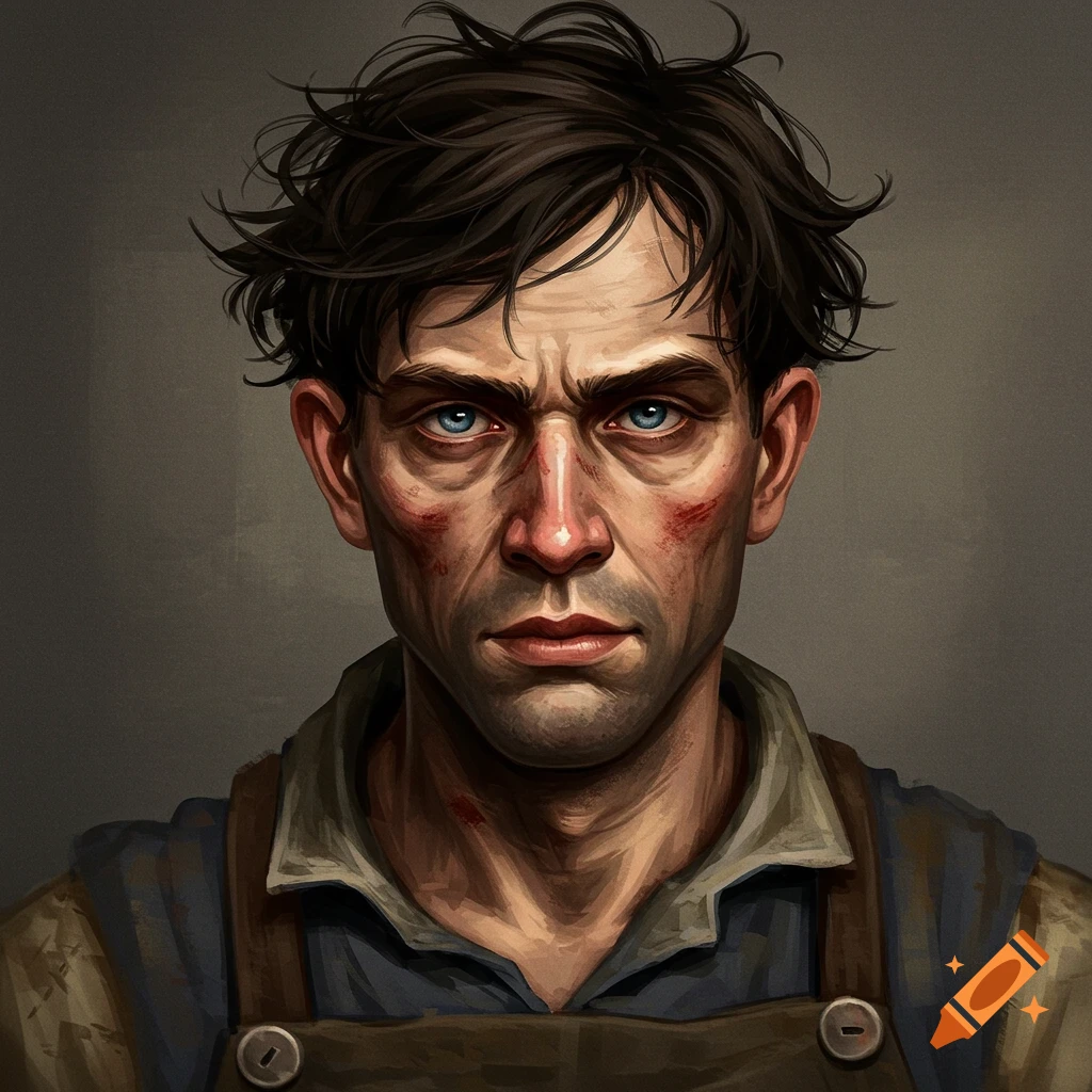 Close-up portrait of a man with messy brown hair, blue eyes, and dirt marks on his face, wearing work clothes. Illustration style.