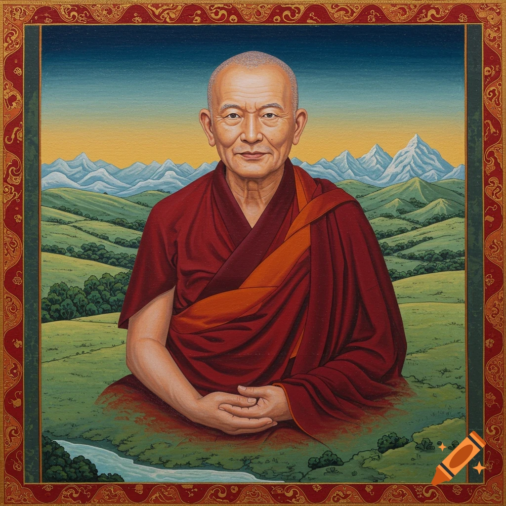 Portrait of an elderly man in red robes sitting in a mountain landscape, in the style of a thangka painting.