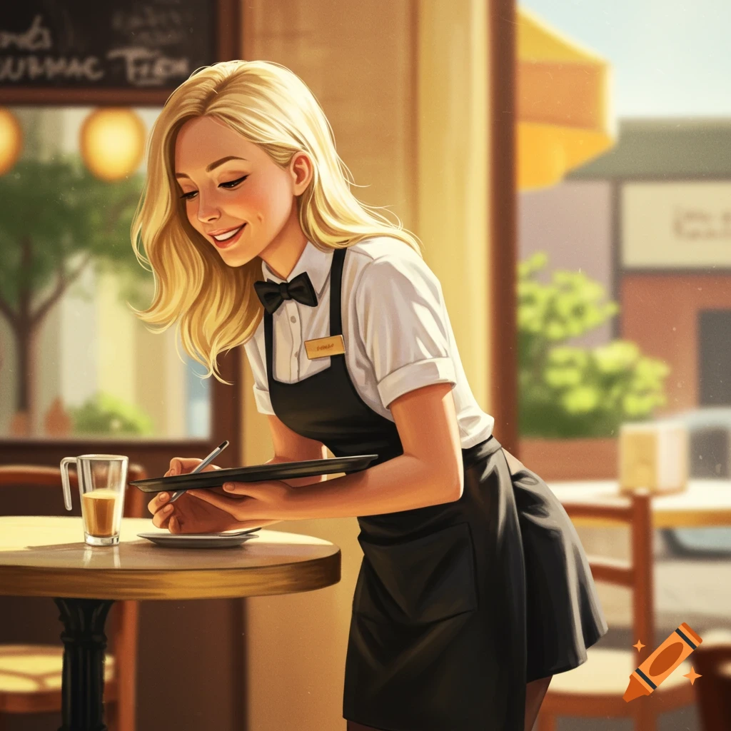 Smiling blonde waitress in a cafe uniform bending to take an order at a table.