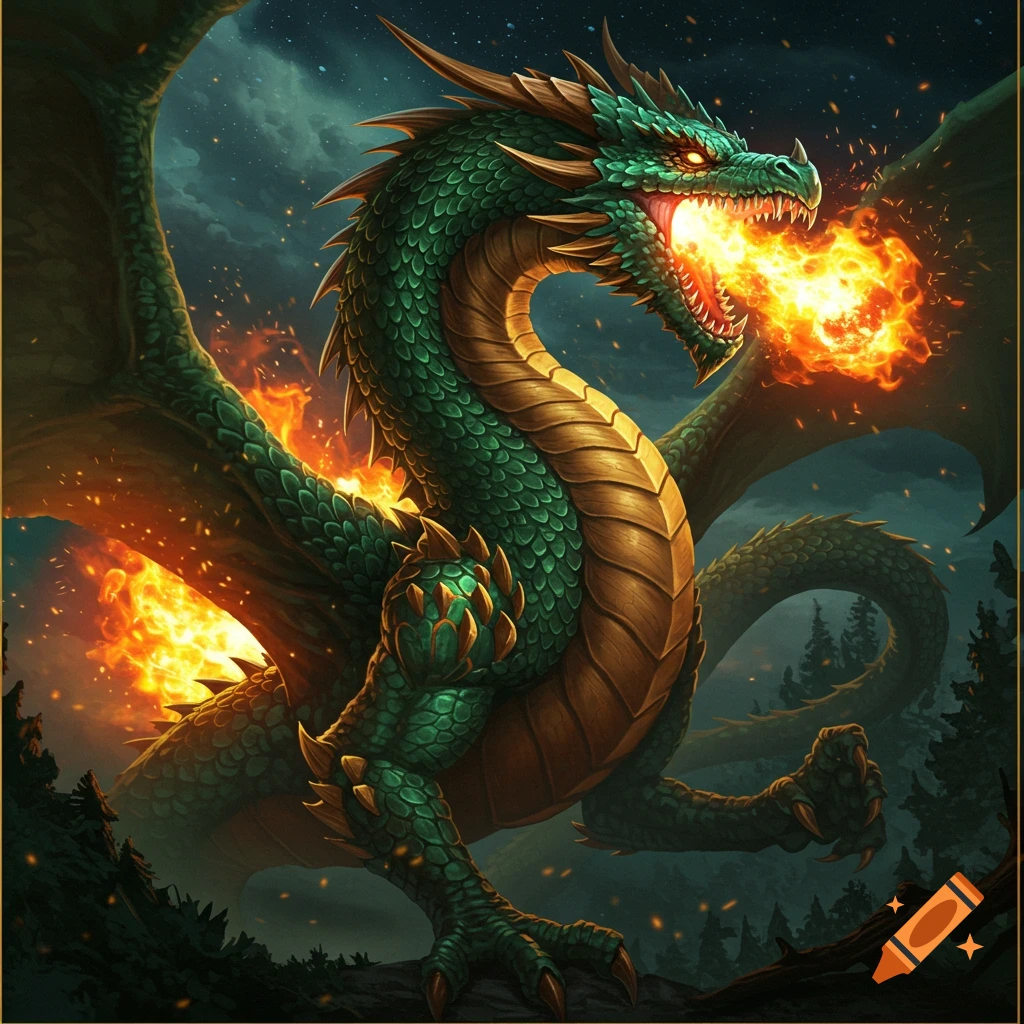 Green dragon breathing fire over a forest at night, fantasy illustration.