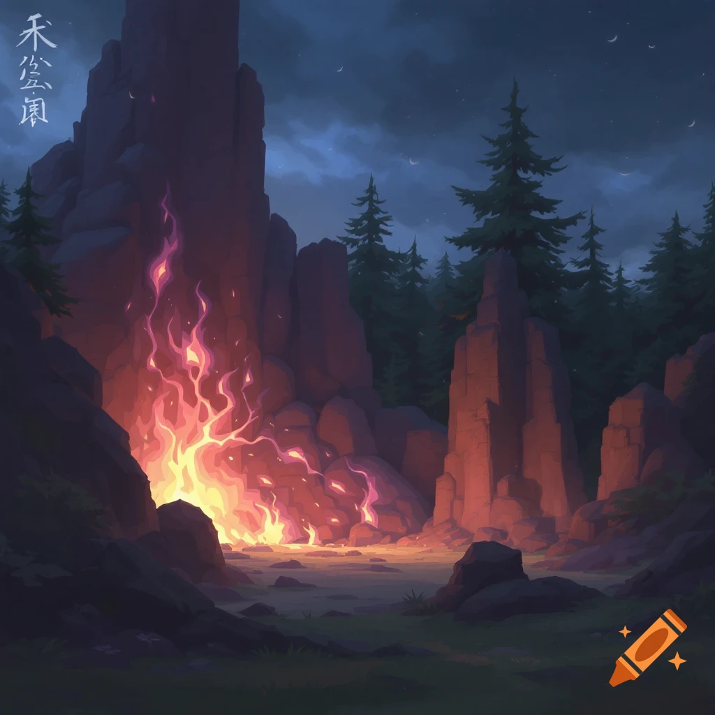 Large campfire in a rocky forest landscape at night under a moonlit sky. Illustration.