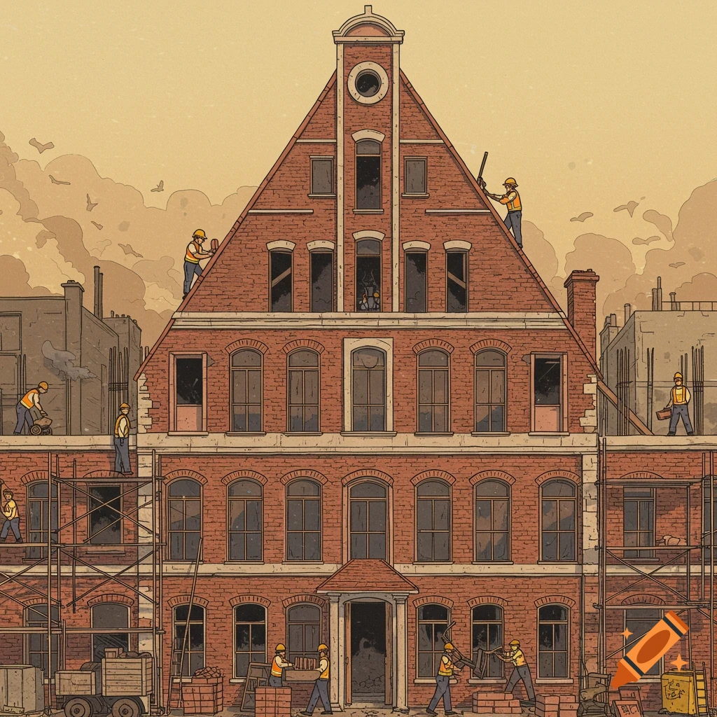 Illustration of a brick building under construction with workers.