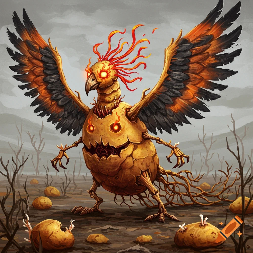 A creature made of a potato with phoenix wings and head stands in a desolate landscape with roots for limbs and a carved face.