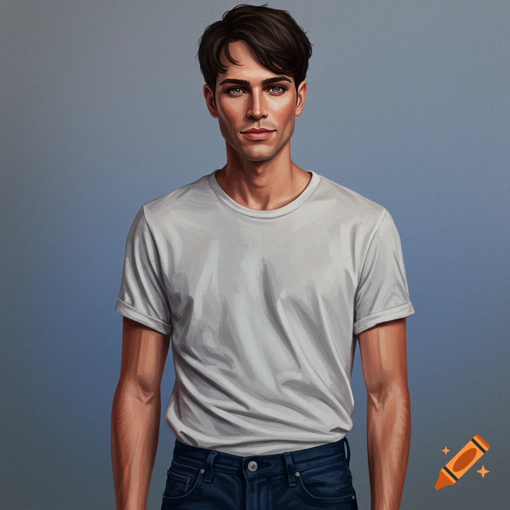 Portrait of a young man in a white t-shirt against a blue background, painted style.