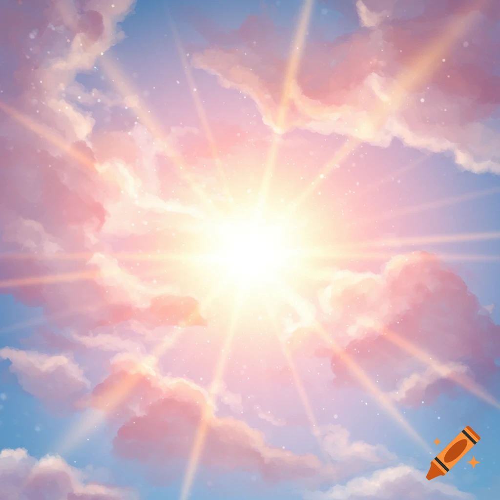 Bright sunburst through pastel pink clouds in a blue sky with sparkles.