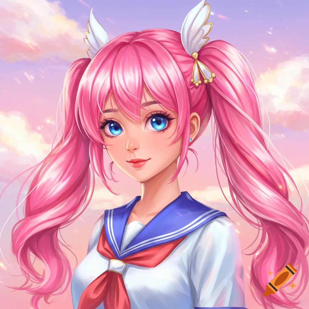 Anime girl with pink hair in pigtails wearing a school uniform against a cloudy sky.