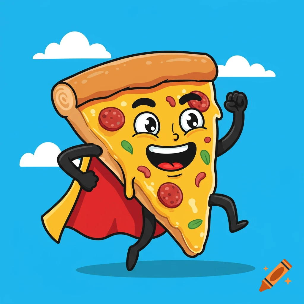 A cartoon slice of pizza with arms and legs wears a red cape and runs.