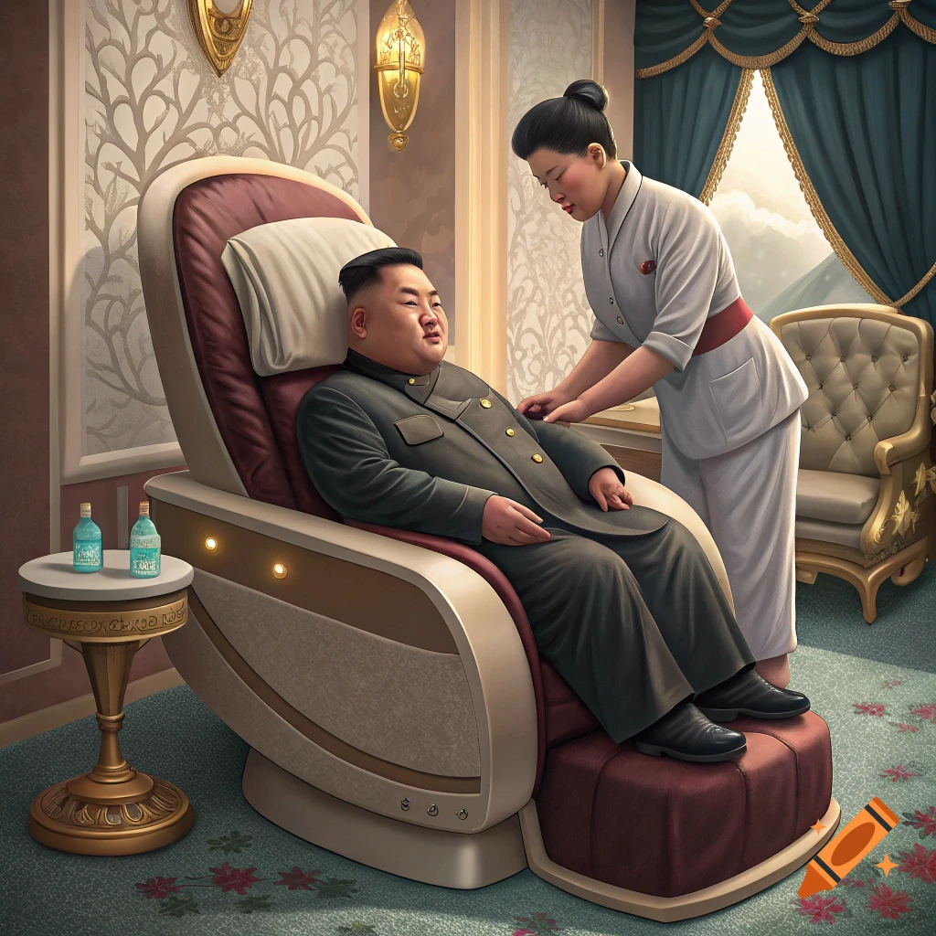 Kim Jong Un in a massage chair attended by a woman in a luxurious room.