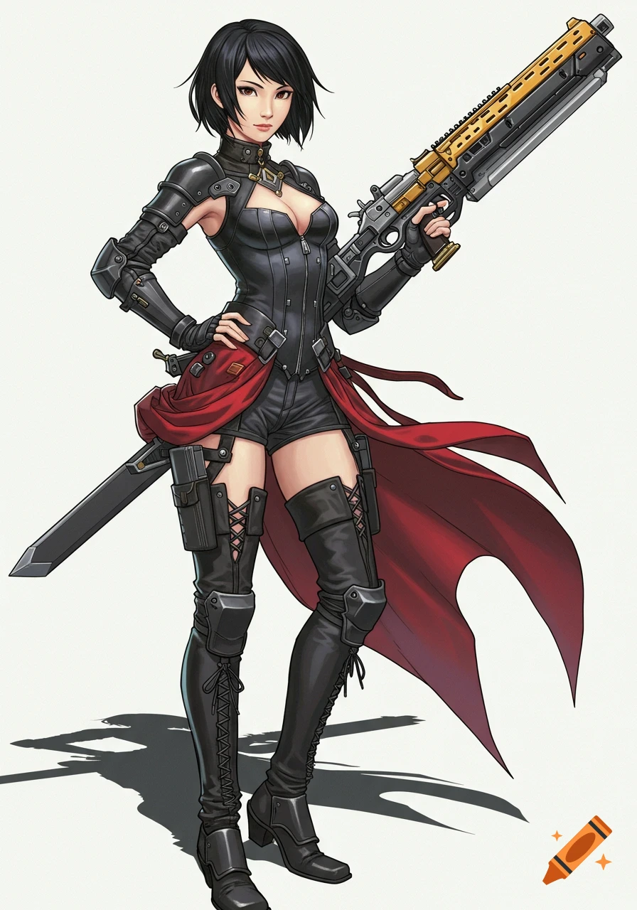 Anime style character with a gunblade, dressed in sci-fi fantasy gear.